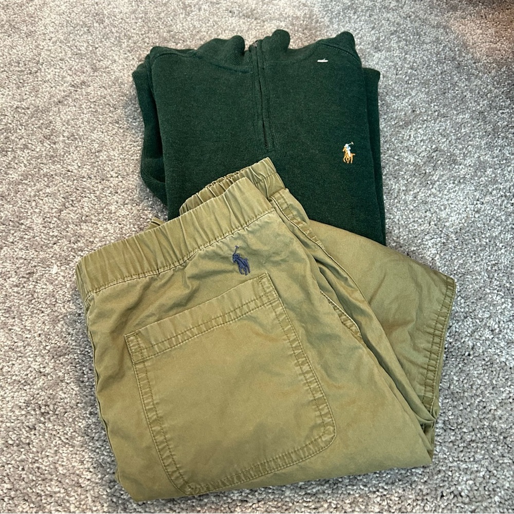 💚 Polo Ralph Lauren Green Half-Zip‎ Sweater + Olive Jogger Pants Bundle